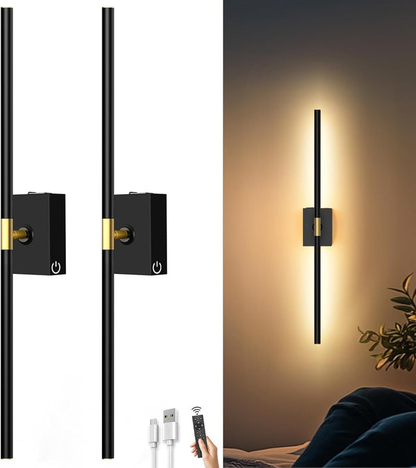 iThird Battery Operated Wall Sconces Set of Two, Dimmable Wireless Wall Lights with Remote, 31-inch LED Rechargeable Sconces, 360° Lighting Wall Scone Decor for TV, Mirror, Bedroom, Living Room(Black)