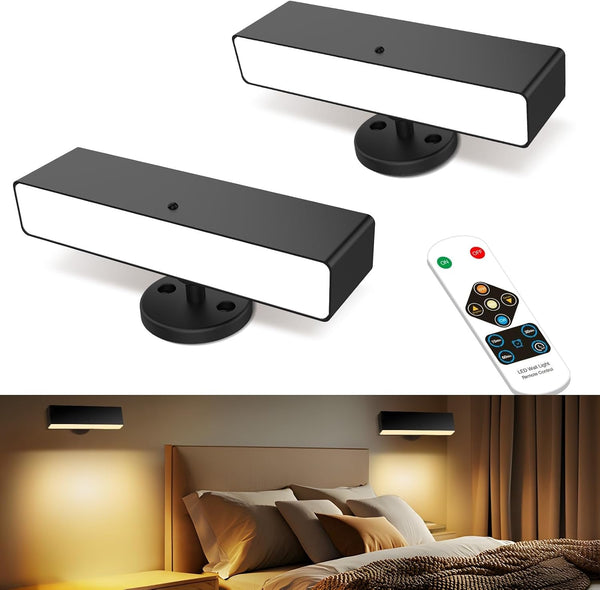iThird Rechargeable Battery Operated Wall Sconce Set of 2: Wireless Black Wall Lights Battery Powered Magnetic 360° Rotation Cordless Scone Adhesive LED Wall Mount Lamp for Bedroom Reading Picture RV
