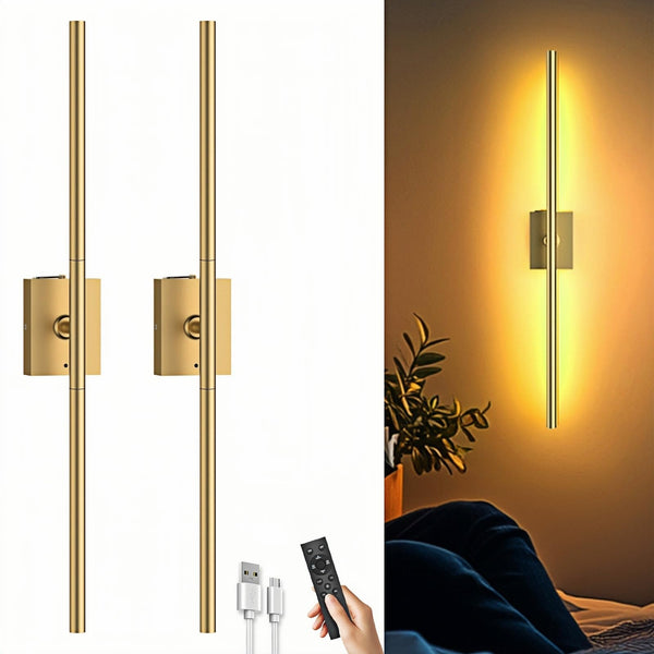iThird Battery Operated Wall Sconces Set of Two, Dimmable Wireless Wall Lights with Remote, 31-inch LED Rechargeable Sconces, 360° Lighting Wall Scone Decor for TV, Mirror, Bedroom, Living Room(Gold)