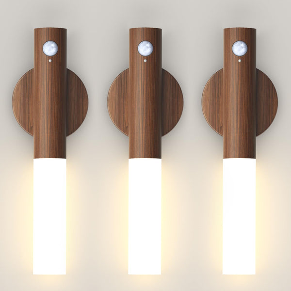 iThird Battery-Operated Motion Sensor Night Lights, 2200mAh Rechargeable Wall Sconces Magnetic Wall Lights Wireless Stairway Lights Portable Hallway Light Wooden Wall Lighting for Bedroom Stair Picture