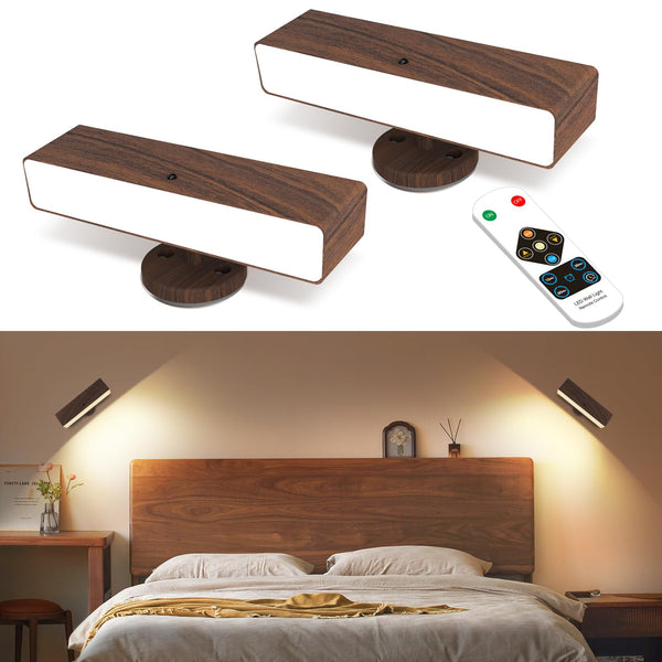 iThird Battery Operated Wall Sconces Set of 2, Wireless Rechargeable Wall Light with Remote&Button, 360° Rotate Magnetic Scone Lighting LED Wall Mount Sconce Lamp for Bedroom Bedside Reading, Wood